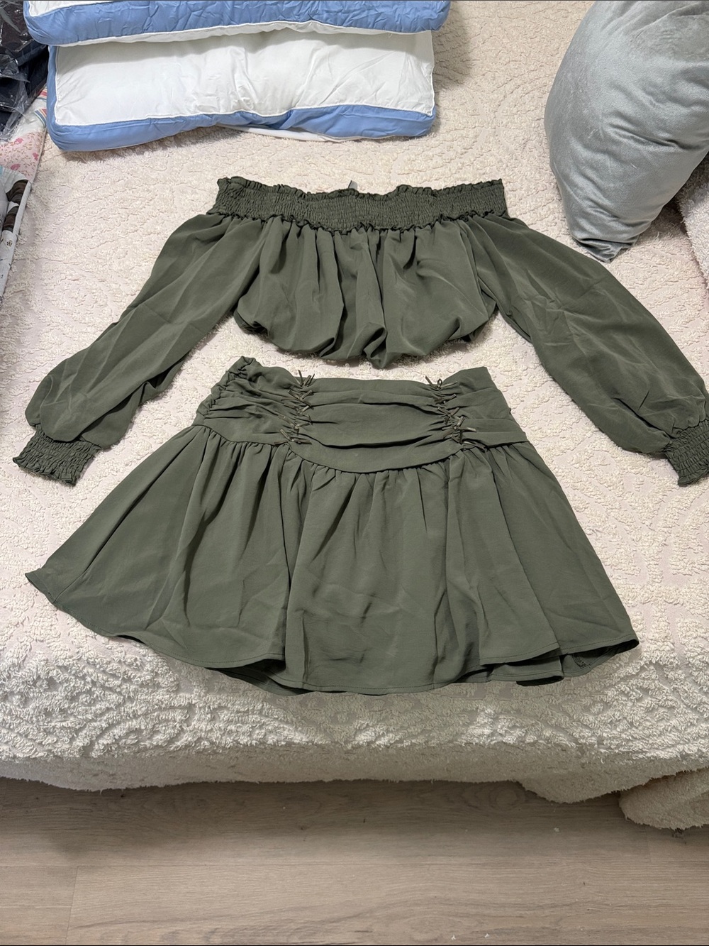 HYFVE Olive Off-Shoulder Long Sleeve Crop Top & Skirt Set
